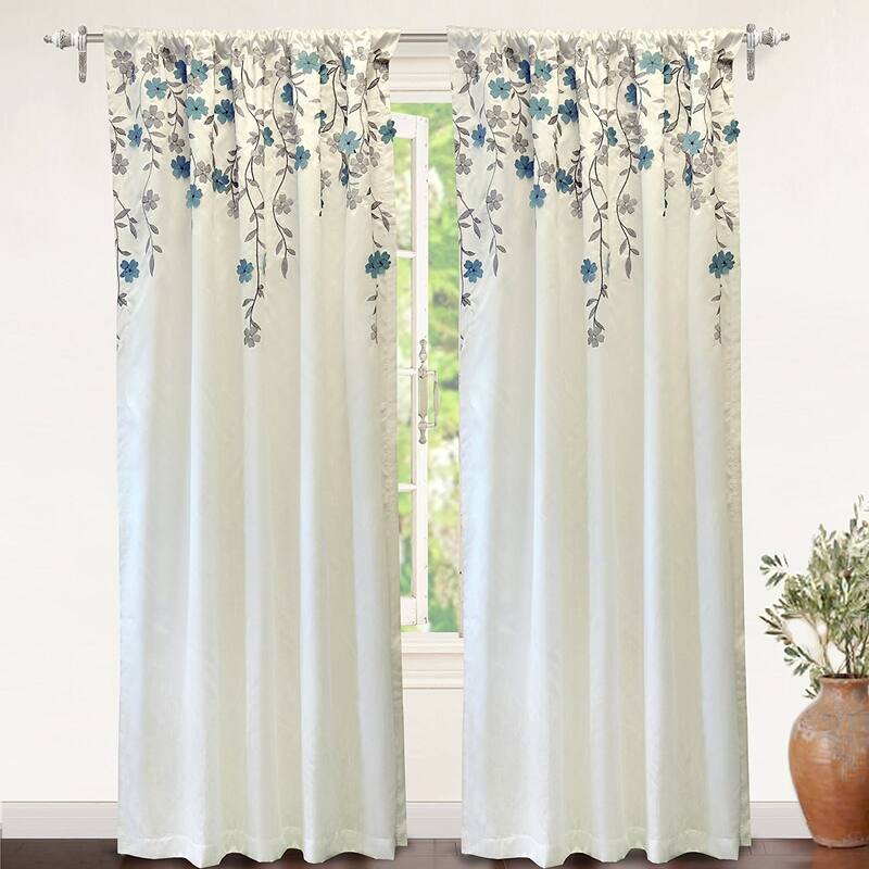 Porch & Den Oneida Floral Embroidered Faux Silk Window Curtain Panel - 50"Wx84"L-Single - ivory/ blue