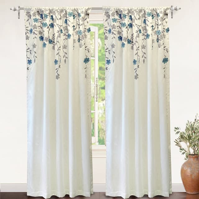 Porch & Den Oneida Floral Embroidered Faux Silk Window Curtain Panel - 84"l set of 2 - ivory/ blue