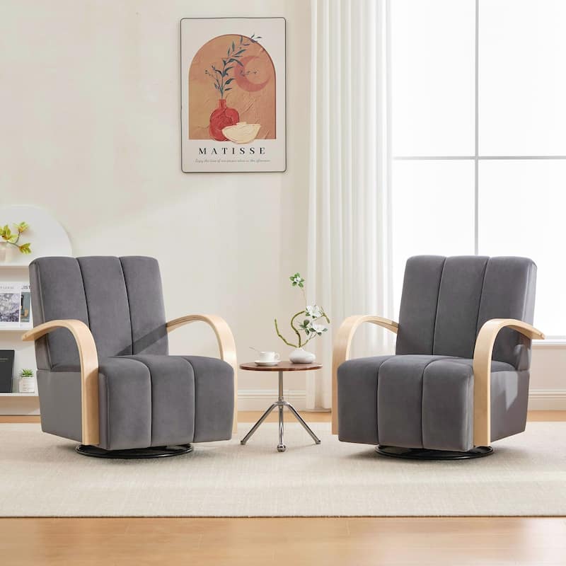 Modern Upholstered 360° Swivel Accent Chair with Solid Wood Armrests and Comfy Lounge Reading Chair, Single Sofa Armchair