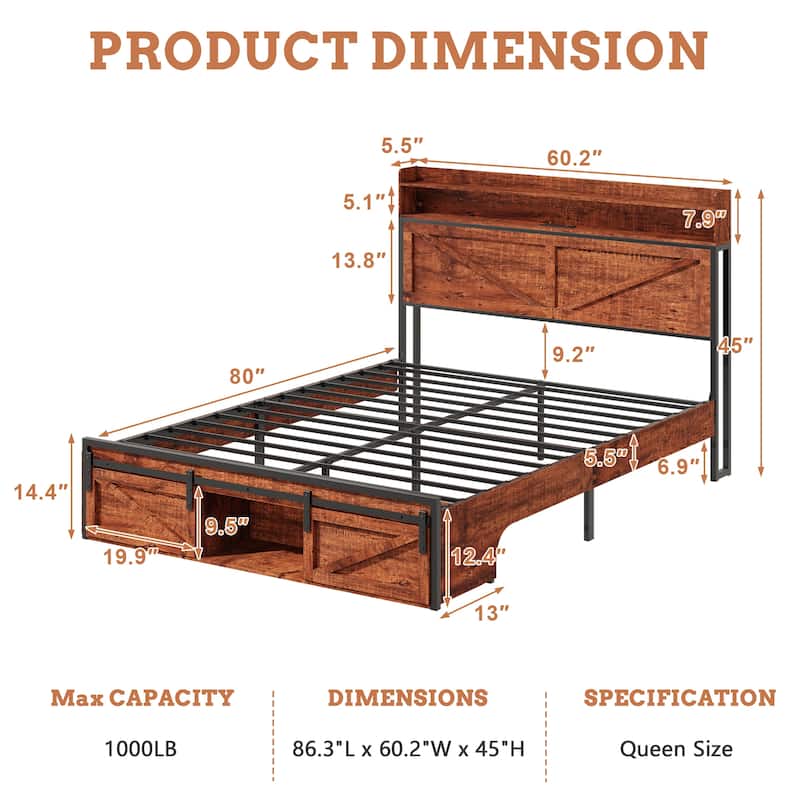 Queen-size Bed Frame with Storage Headboard, Footboard Storage Compartments and LED Lighting, Equipped with Anti-slip