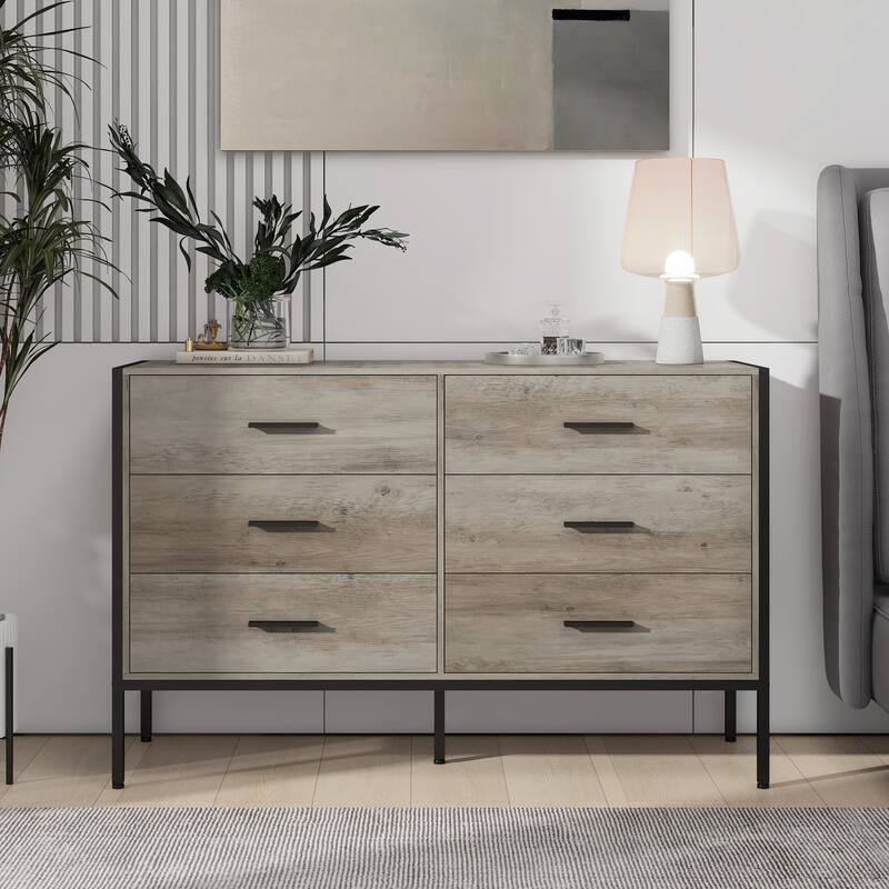 Wood Dresser with 6 Drawers, Solid Clothes Cabinet with Sturdy Steel Frame, 48.58"W×15.75"D×31.22"H, 48 inch, Rustic Grey