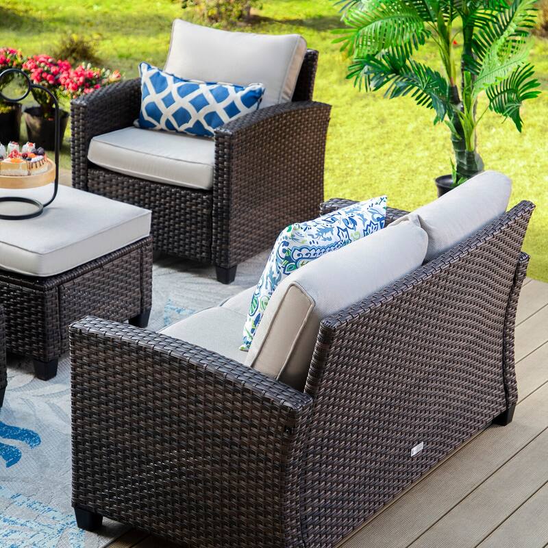 9-Seat Patio Furniture Wicker Rattan Outdoor High-back Sectional Sofa Conversation Set with Firepit Table