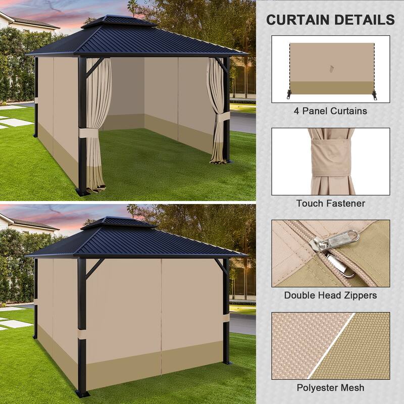 Aoodor Gazebo Curtain Replacement - Universal 4-Panel Sidewalls 10' x 13', Curtain Only