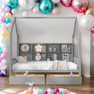 Modern Full Size House Bed Kids Bed with 2 Drawers and Storage Shelf,Solid Construction
