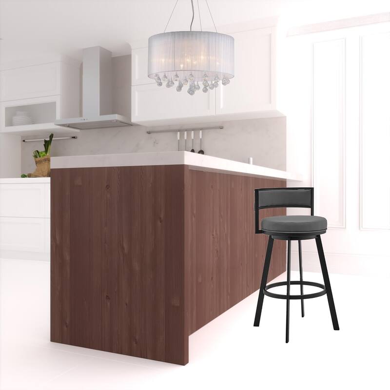 Modern Grey Faux Leather Seat Swivel Counter Height Bar Stool with Arms Low Back and Footrest - 34" H x 20" W x 20" D