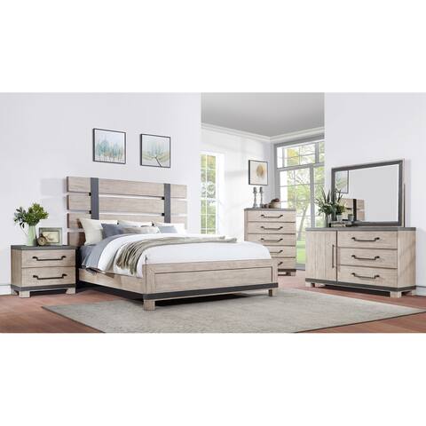 Roundhill Furniture Arbela Wood Slatted Panel Bed with Dresser, Mirror, Nightstand, and Chest, Weathered Oak Finish