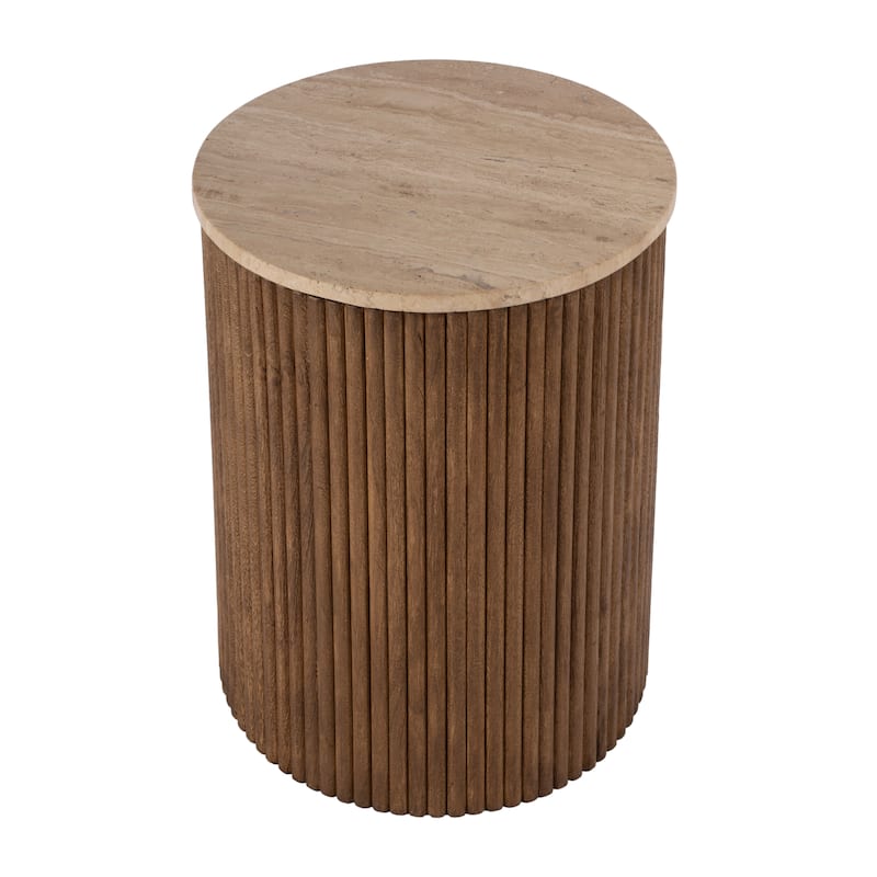 Ruby 15 in. W Round Fluted Travertine and Wood Side Table - Natural