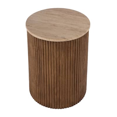 Ruby 15 in. W Round Fluted Travertine and Wood Side Table