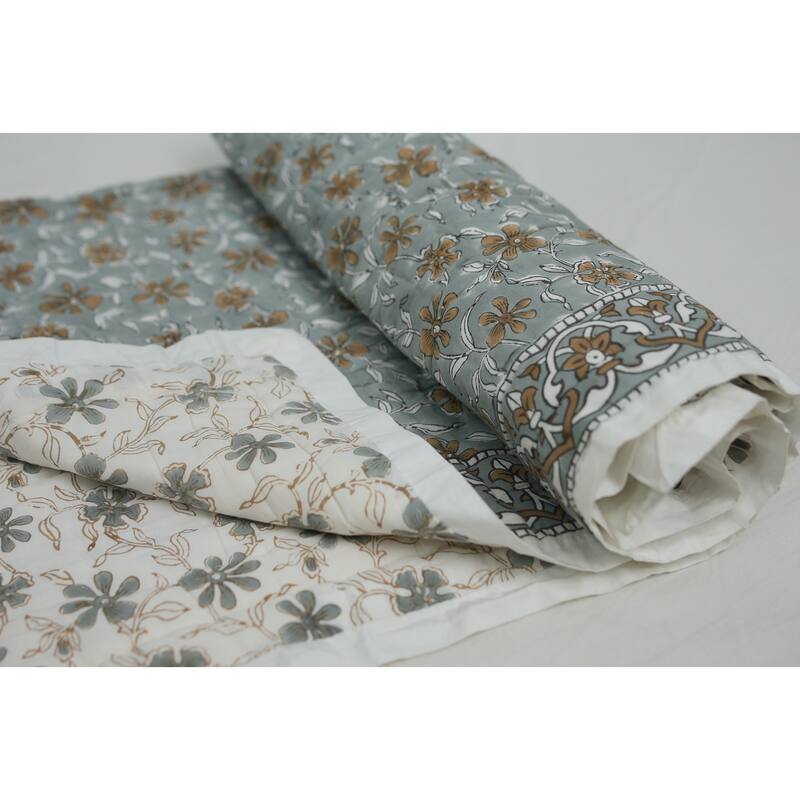 Fabdivine Artisan Handmade 100% Cotton Quilt - Brown Green Floral Block Print, Reversible Bohemian Bedding for Home