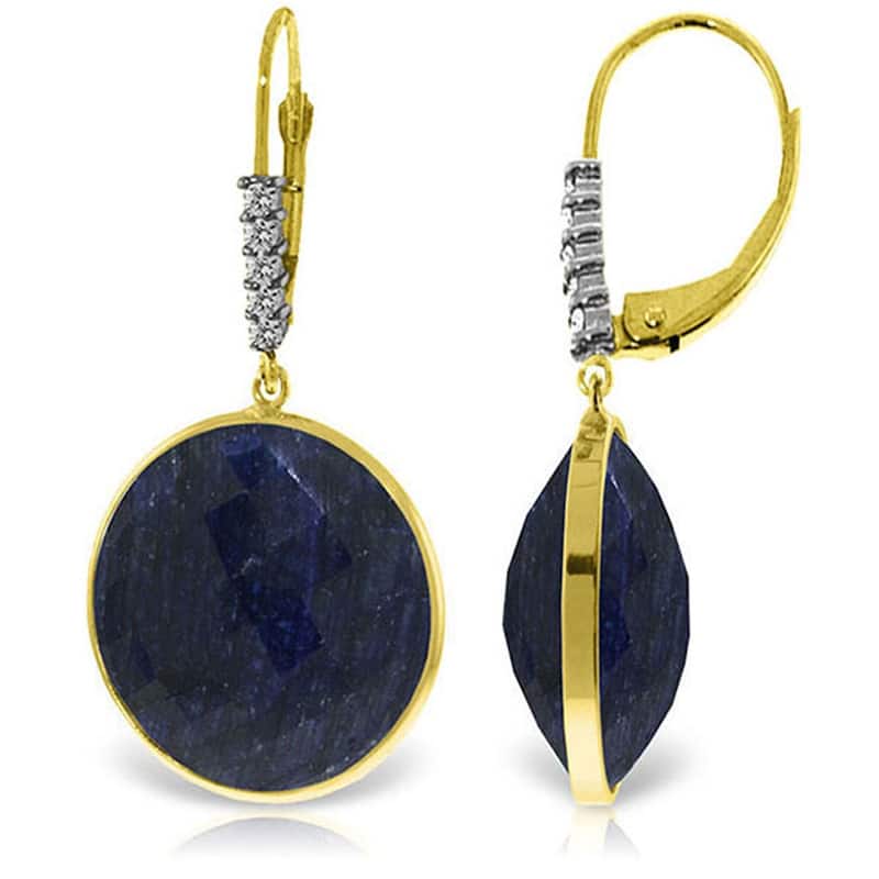 14K Solid Gold Diamonds Leverback Earrings w/ Round Dyed Sapphires - Yellow