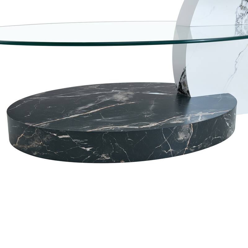 Roomfitters Double Layer Coffee Table with White Marble and Wood Grain Finish, Artistic Modern Design