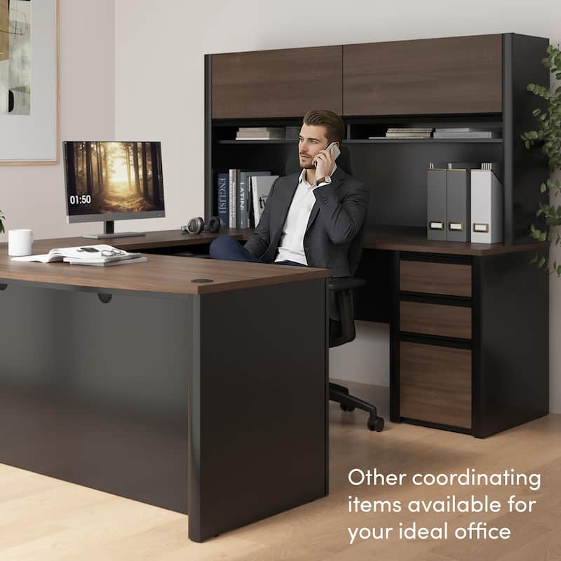 Bestar Connexion 72W L-Shaped Desk with Hutch and Pedestal