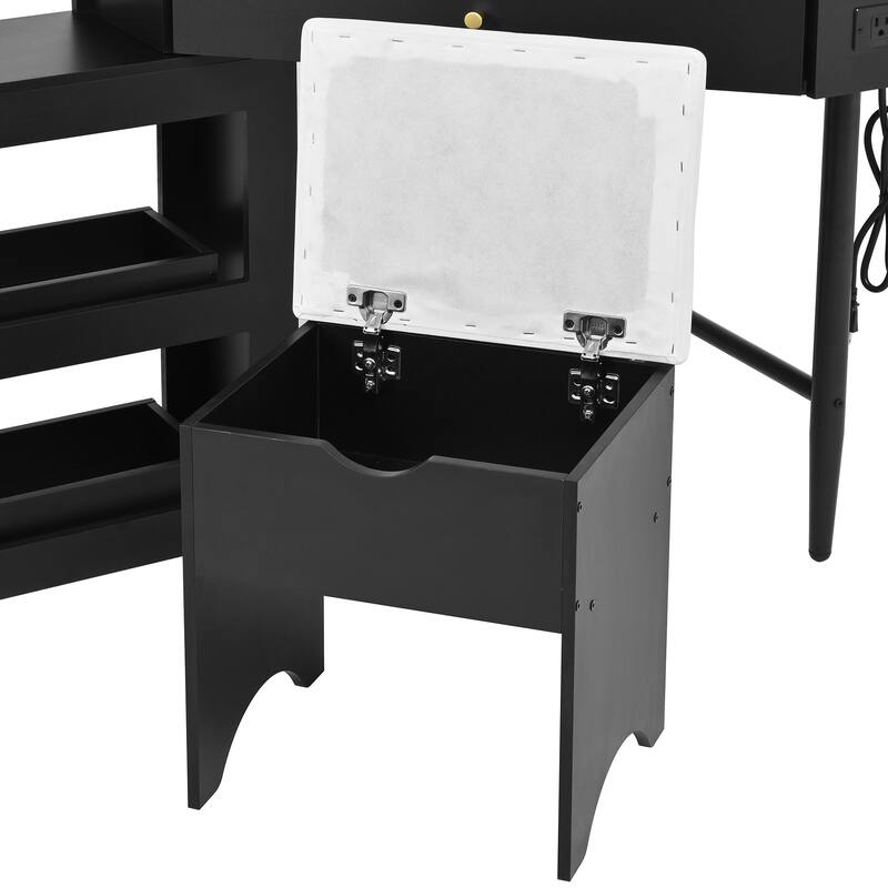 Corner Vanity Desk Set with Storage Stool, Glass Tabletop Makeup Vanity, Dressing Table with Side Cabinet, Drawer & Shelf