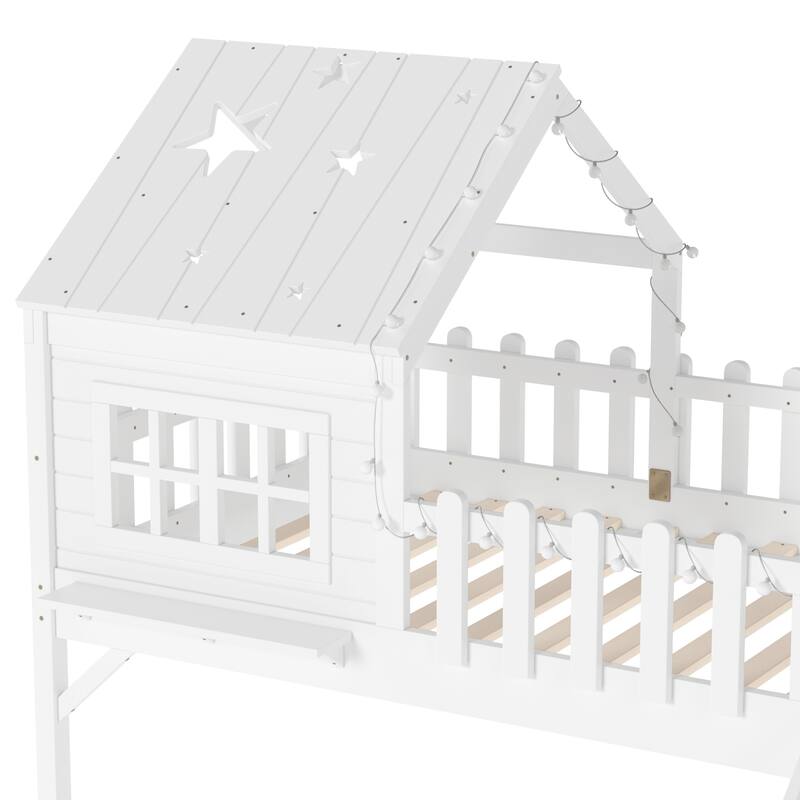 Twin Size House Loft Bed with Slide,Playhouse Bed with Star Moon-shaped Designs and Window, Chic Design with LED Lights