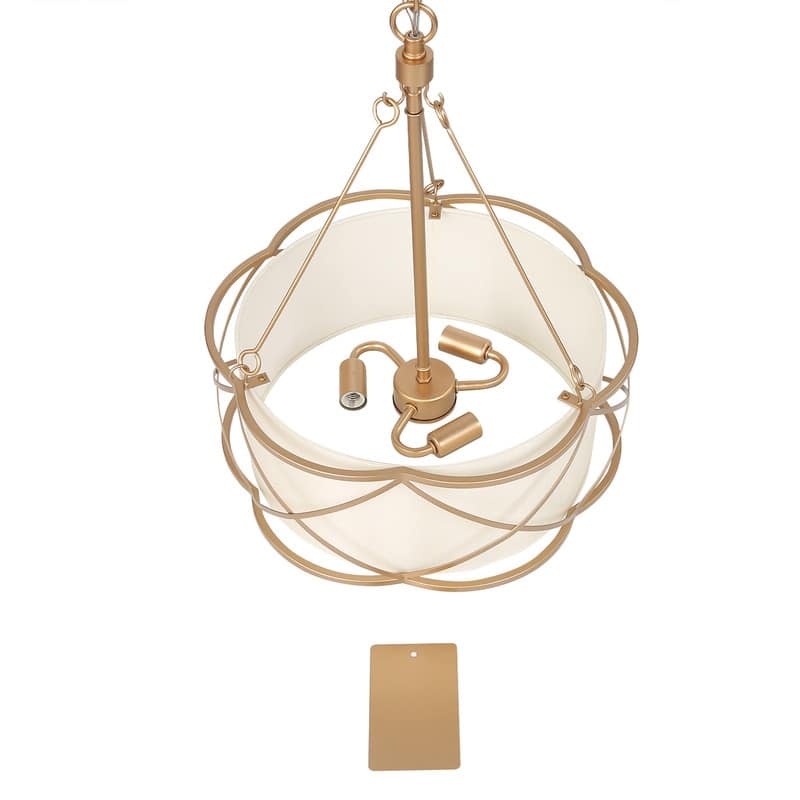 Modern Farmhouse 3-light Gold Chandelier Classic Drum Lantern Metal Ceiling Light with Fabric Shade - D15.5"x H 80"