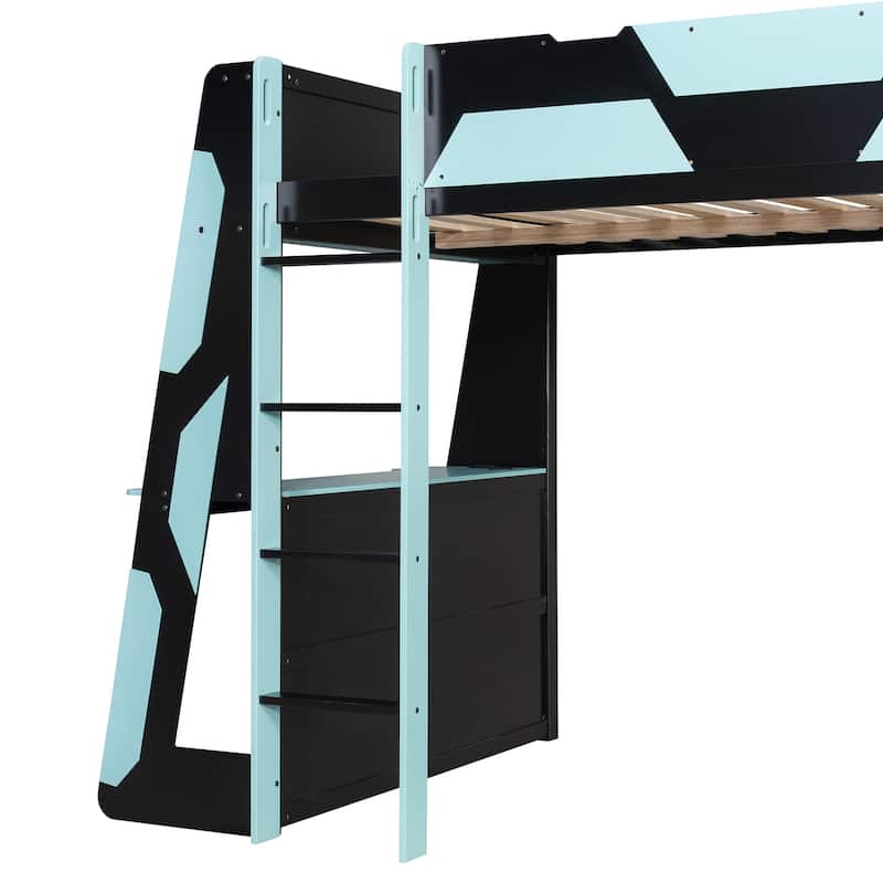 Full Size Gaming Loft Bed Station with Desk, Storage Shelves & RGB LED Lights