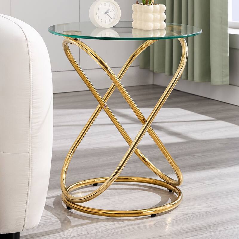 Tempered Glass Round Side/End Table with Metal Legs - 19.7"Dia Top x 21.7"H x 15.6"Dia Base