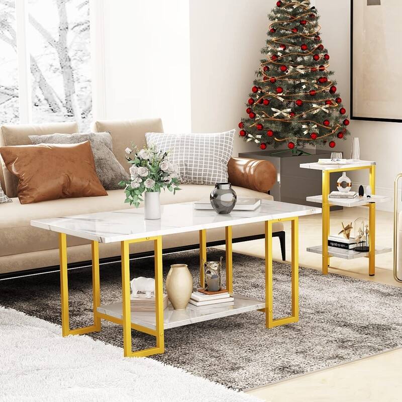 3 Pieces Faux Marble Coffee Table Set with 1 Coffee Table and 2 End Tables, Modern Sofa Side Table with Shelf, Cocktail Table - White Marble