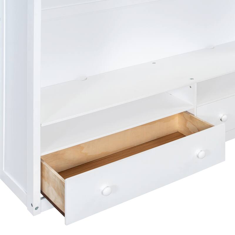 Full Size Loft Bed with TV Stand and Drawers, Teens Kids Storage Bed Frame with Shelves, Wardrobe and LED Light