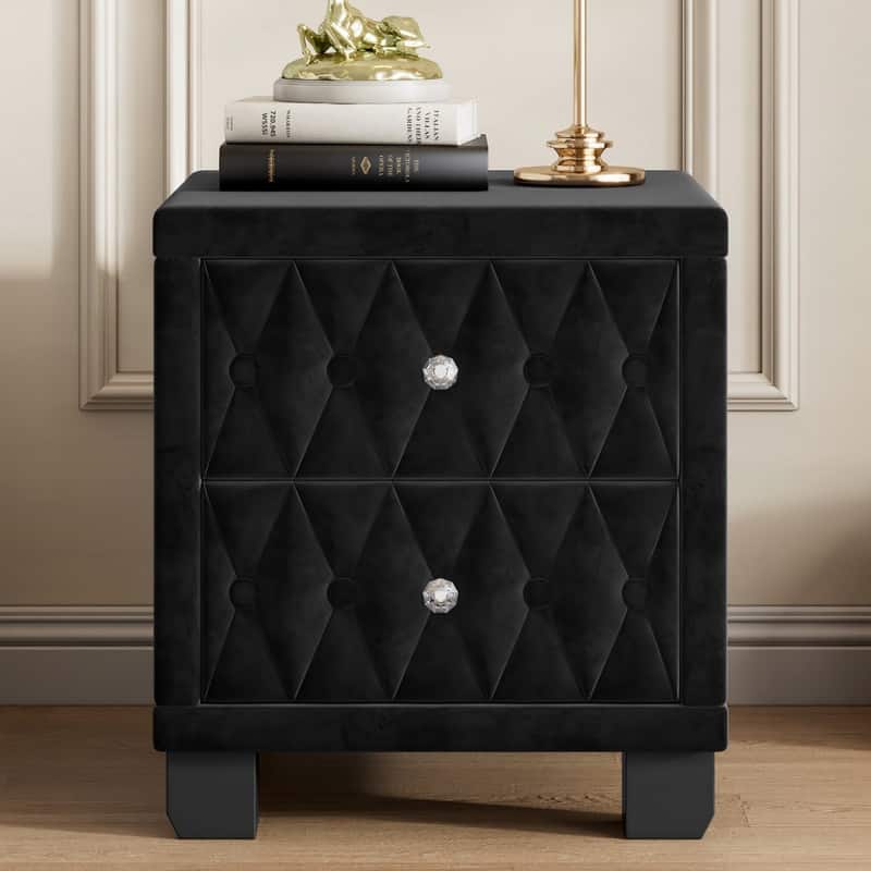 Velvet Bedside Table Nightstand with 2 Drawers and Crystal Handle