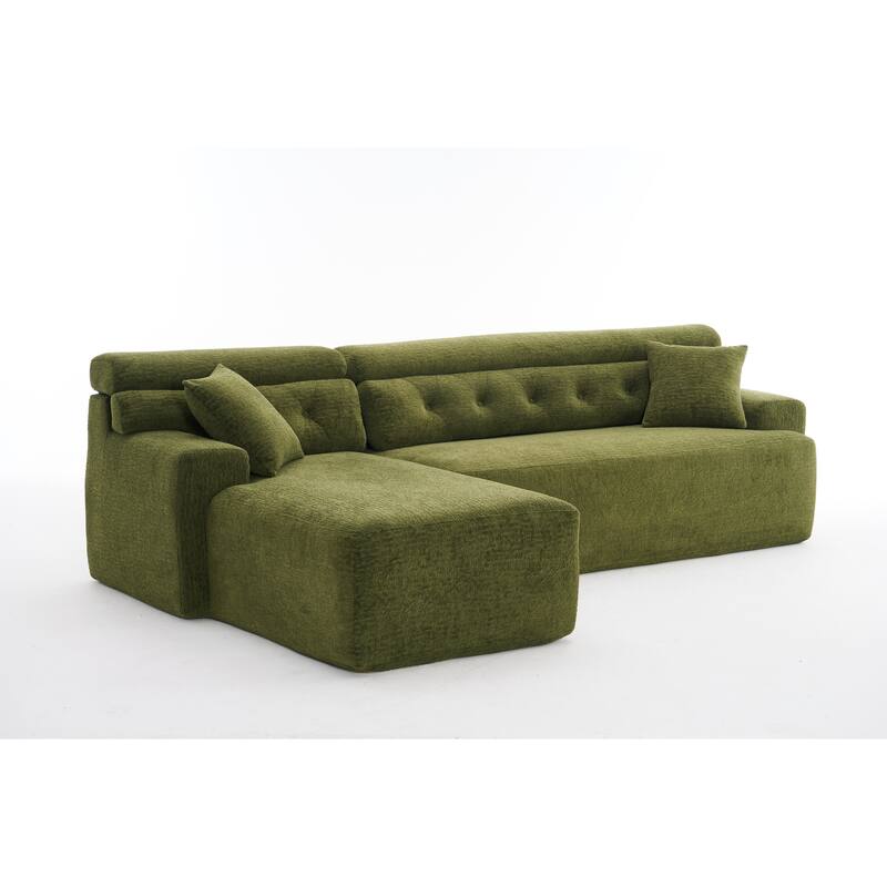 Convertible Chaise Sectional Sofa, L-Shape, Chesterfield Design, No-Assembly Chenille Couch, 30D High-Density, 104.7"