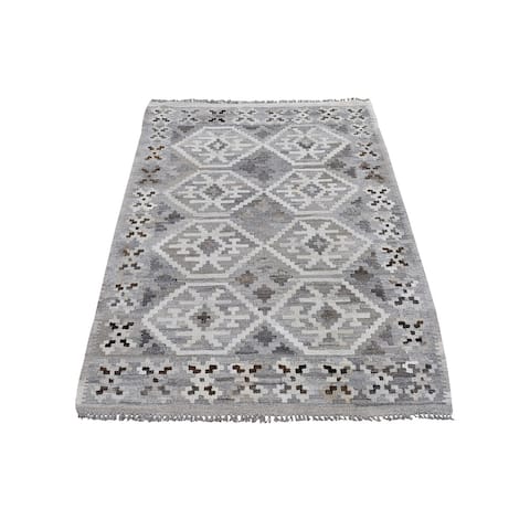 Hand Knotted Grey Flat Weave with Wool Oriental Rug (3'2" x 5'1") - 3'2" x 5'1"