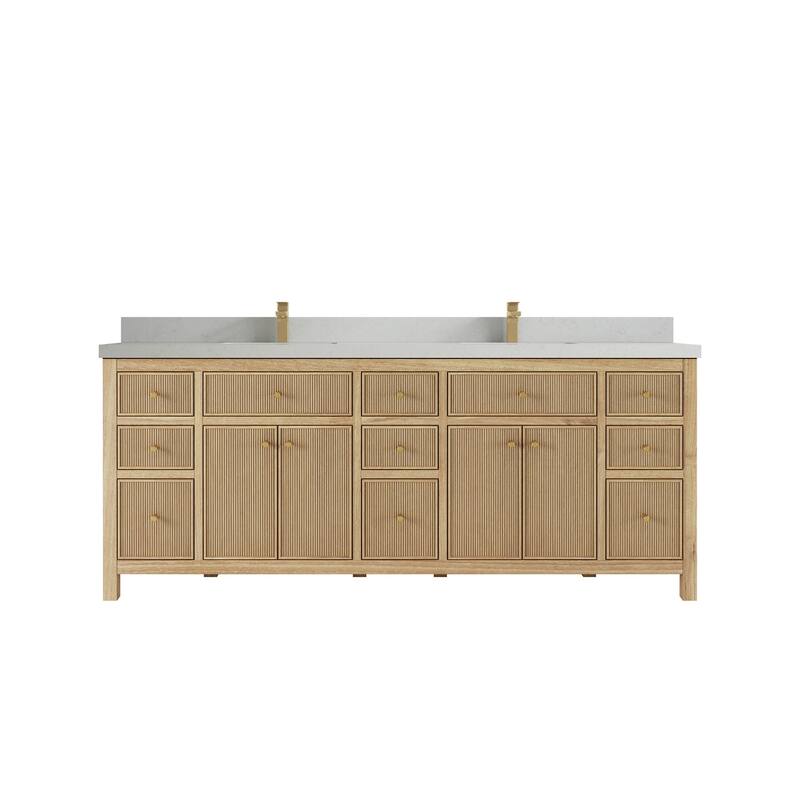Willow Collections 84 in. W x 22 in. D Sonoma Teak Double Sink Bathroom Vanity with Countertop - 2" Carrara Quartz - Light Natural