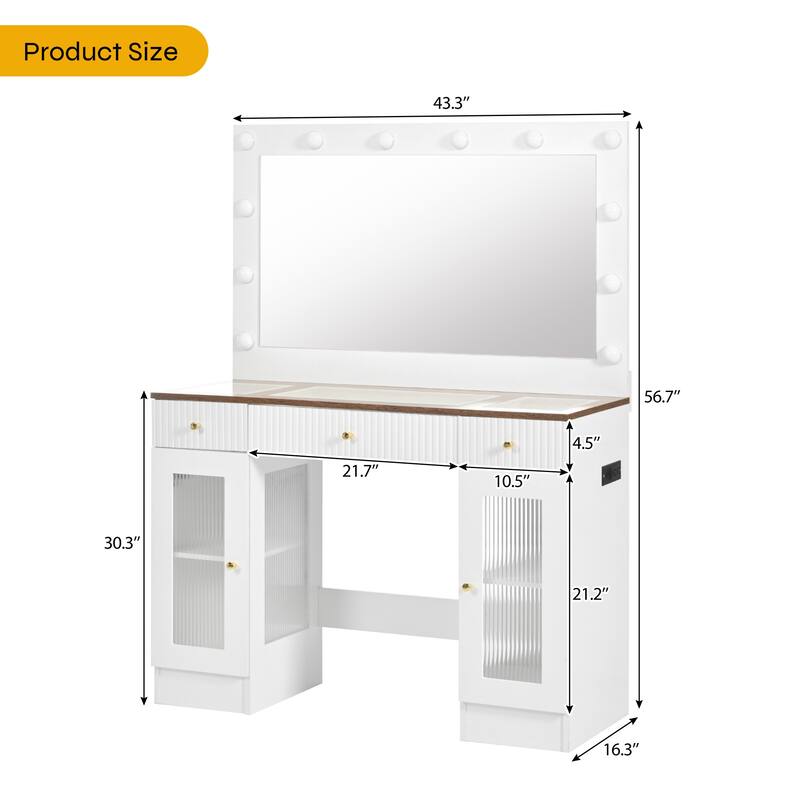 43.3" Makeup Vanity with Mirror,Glass Top,Drawers and Power Outlet
