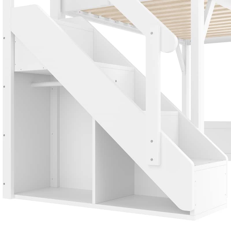 Full/Twin Loft Bed with Built-in Wardrobe, Storage & Stairs - Solid Wood, Full-Length Guardrails, No Box Spring