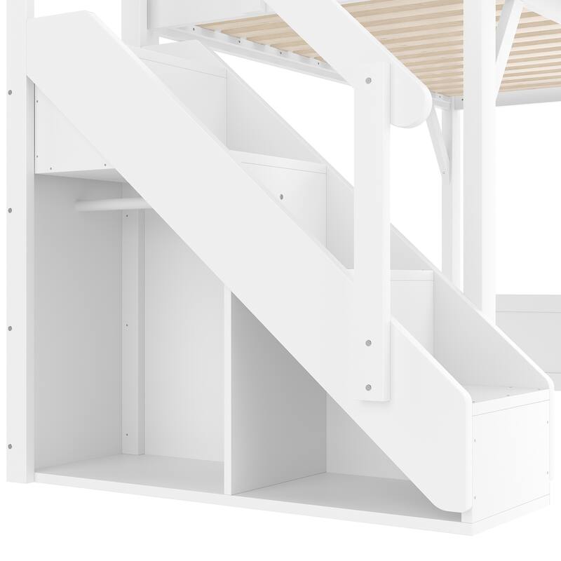 Twin Size Loft Bed with Built-in Wardrobe and Storage Space, Solid Wood Loft Bed with Beside Shelves