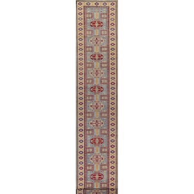 Light Blue Geometric Kazak Runner Rug Hand-Knotted Wool Carpet - 2'7" x 20'8"
