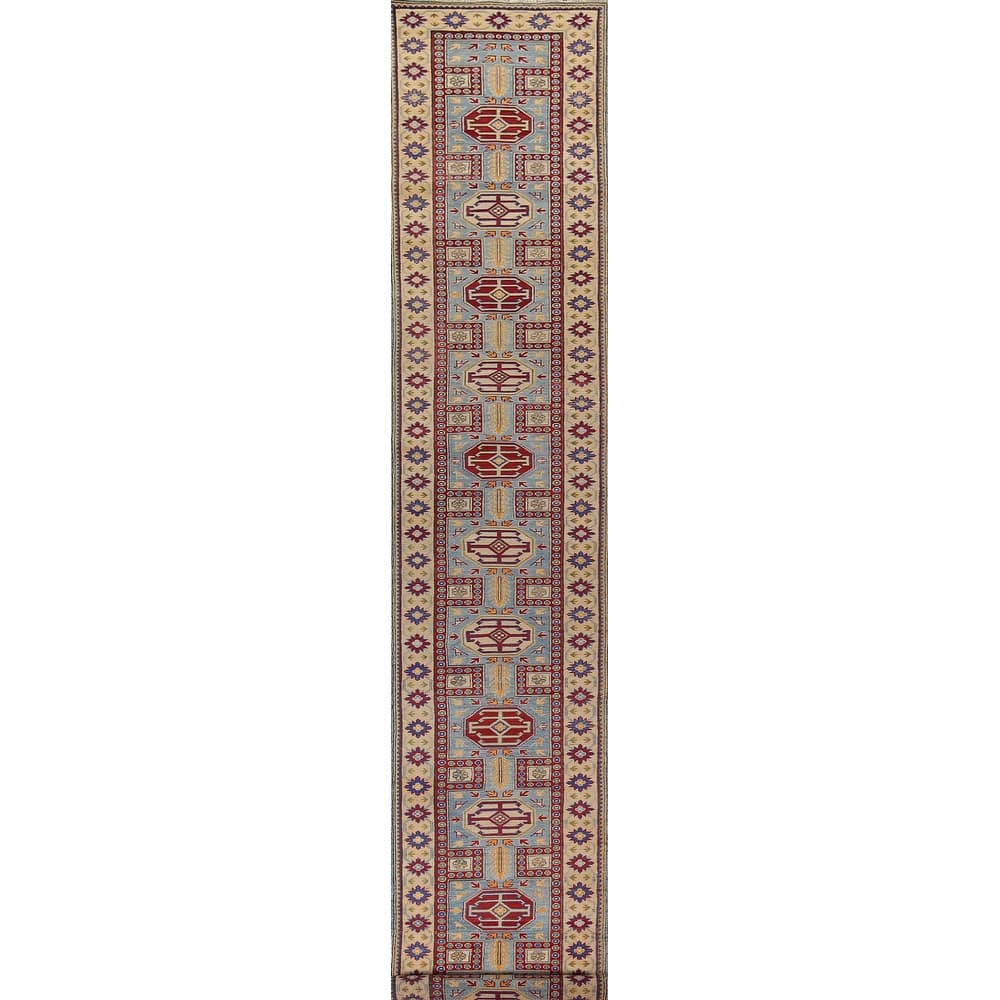 Light Blue Geometric Kazak Runner Rug Hand-Knotted Wool Carpet - 2'7" x 20'8"