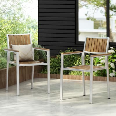 Roomfitters Outdoor Dining Armchairs Set of 2 with Slatted Wood Seat and White Aluminum Frame, Natural