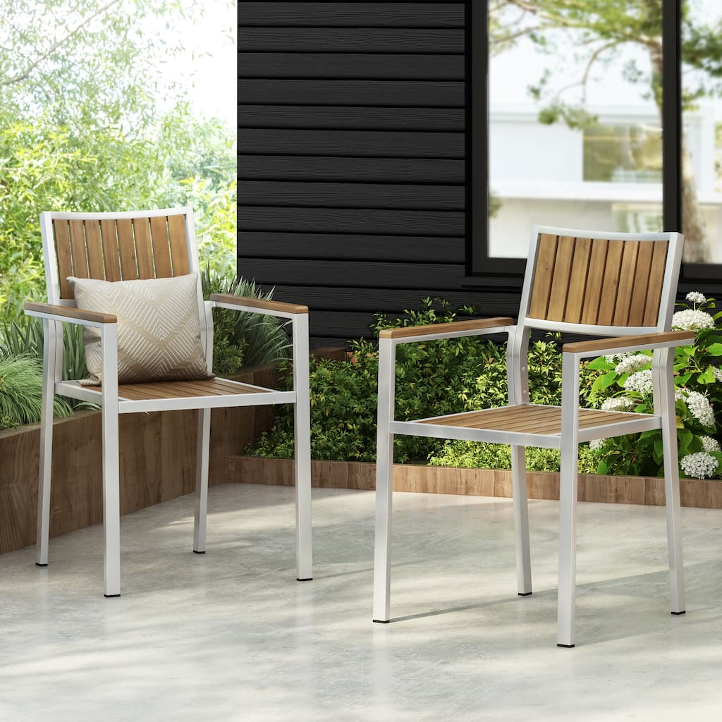 Roomfitters Outdoor Dining Armchairs Set of 2 with Slatted Wood Seat and White Aluminum Frame, Natural