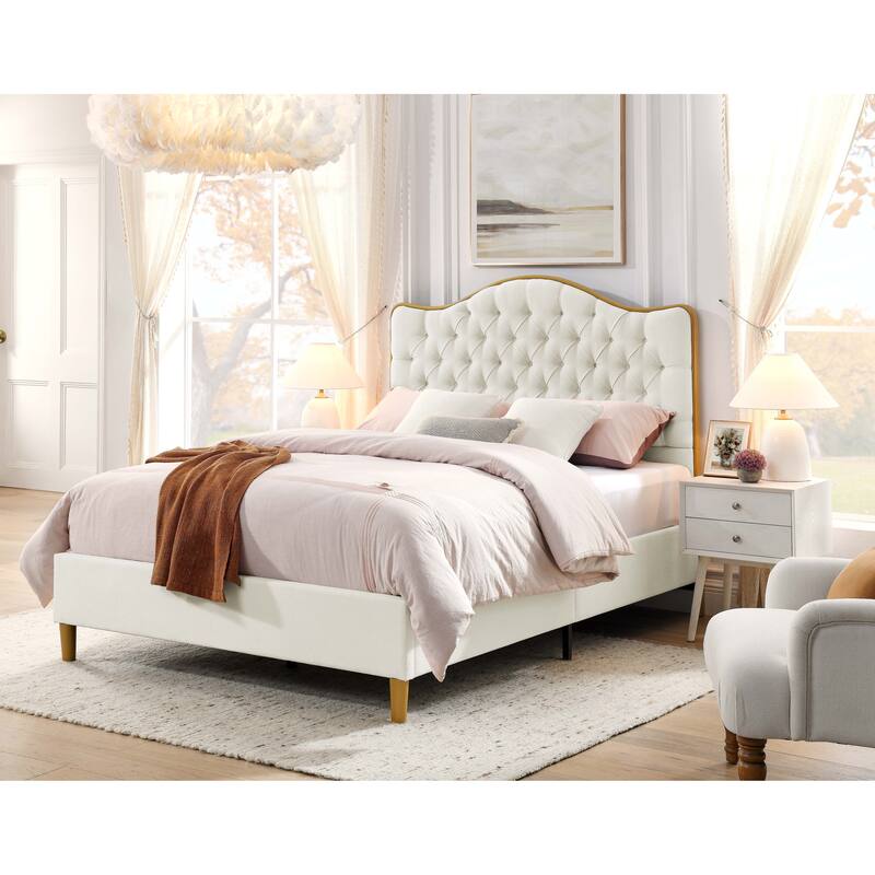 Upholstered Queen Bed Frame with Tufted Headboard and Wooden Legs - Beige