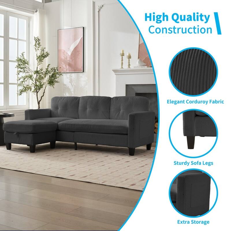 Mixoy 76'' L-Shaped Small Sofa Couch,3-Seater Corduroy Sectional Sofa with Storage Ottoman