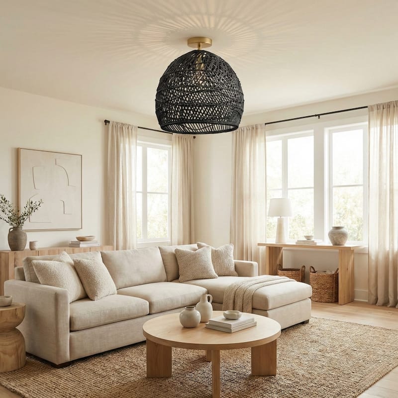 Lunar Rattan Flush Mount Rattan Black 1-Light Handwoven Ceiling Light for Bedroom or Hallway in Modern, Mid-Century, Boho Style