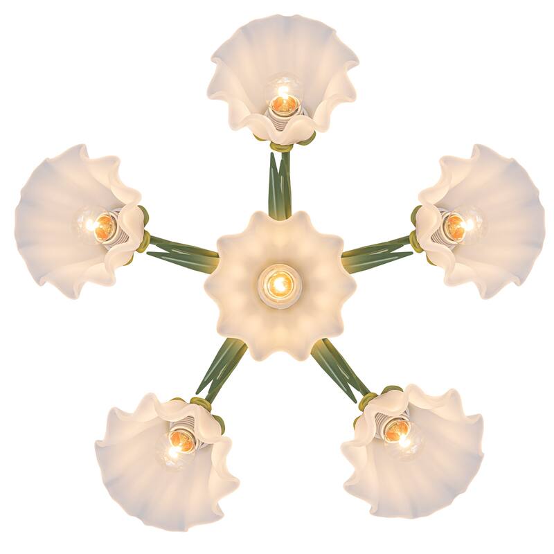 Botanical Green Chandelier with Floral Frosted Glass Shades
