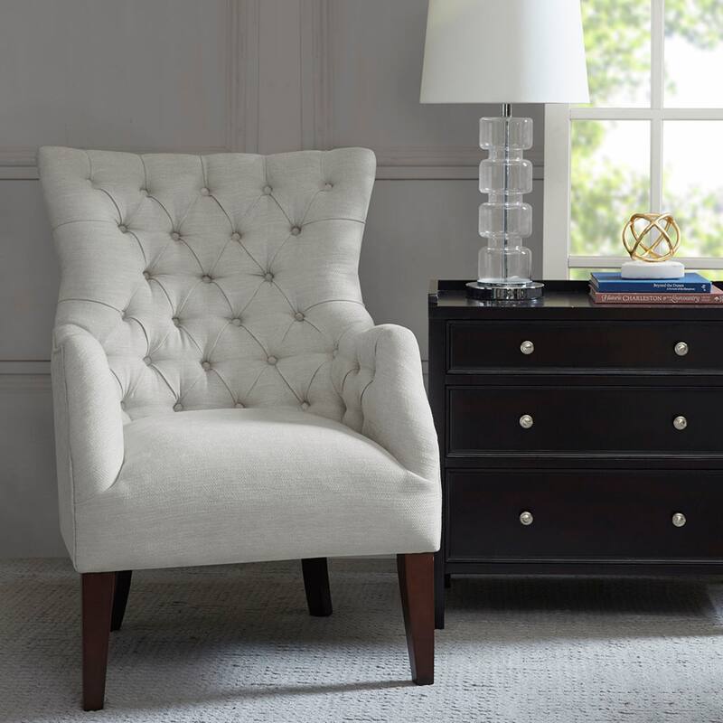 Roomfitters Tufted Wing Chair with High Back, Solid Wood Legs, Upholstered Accent Armchair with Supportive Foam Seat, Ivory