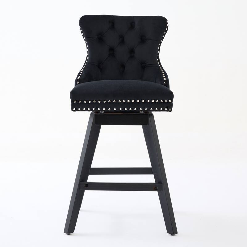 Swivel Bar Stools Set of 2, Velvet Counter Height Barstools with Wooden Legs, Kitchen Island Chairs with Button Backrest