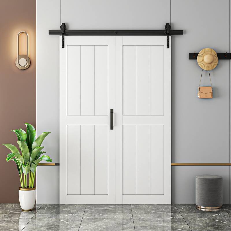 84''H Double Bifold Primed H-Frame White Sliding Barn Door Water Proof Surface With Installation Hardware Kit - 40X84