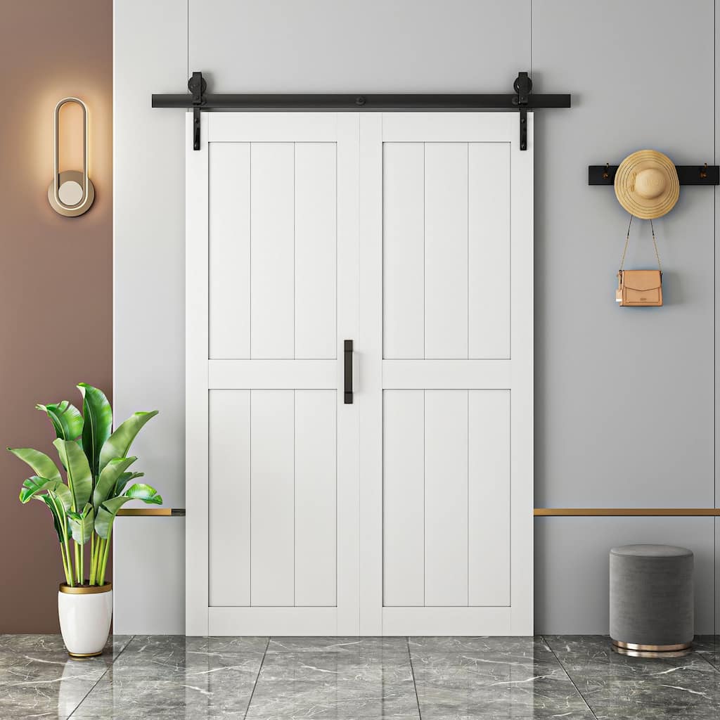 84''H Double Bifold Primed H-Frame White Sliding Barn Door Water Proof Surface With Installation Hardware Kit