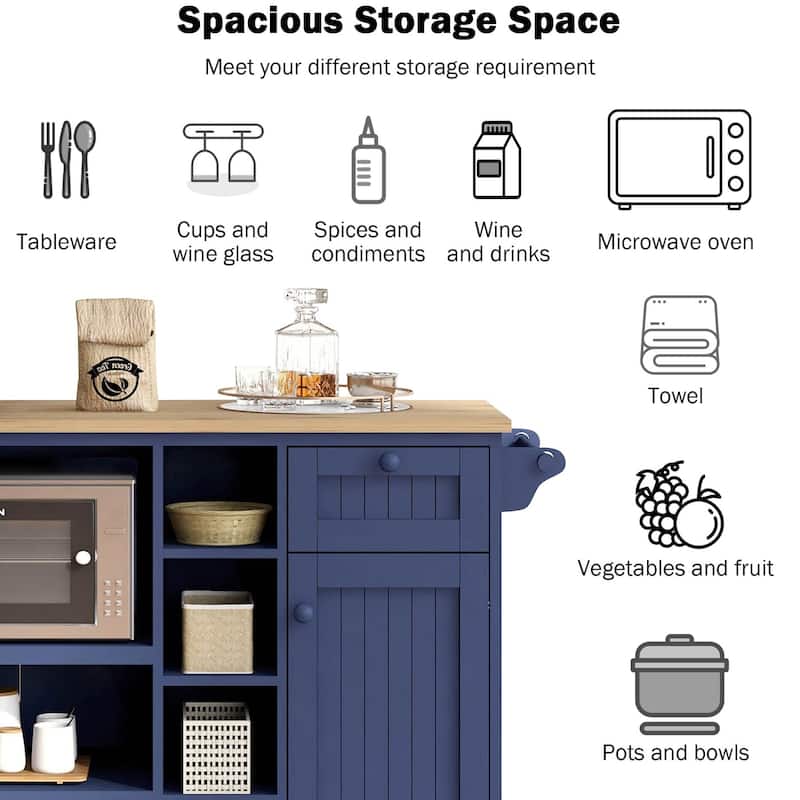 Rubberwood Kitchen Cart with Microwave Storage Rack, Exterior Shelves, and Two Drawers