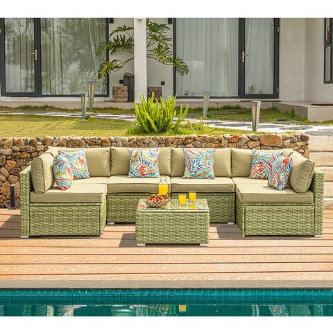 COSIEST 7 Piece Patio Furniture Light Olive Wicker Sectional Sofa Set