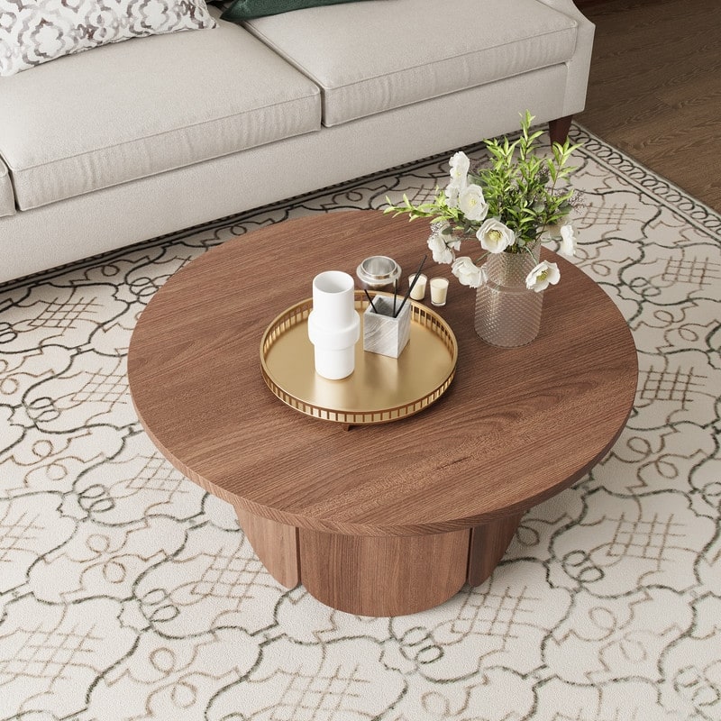 Mid-Century Modern 31" Round Side Table - Sculpted Petal Base, Smooth Faux Wood Finish