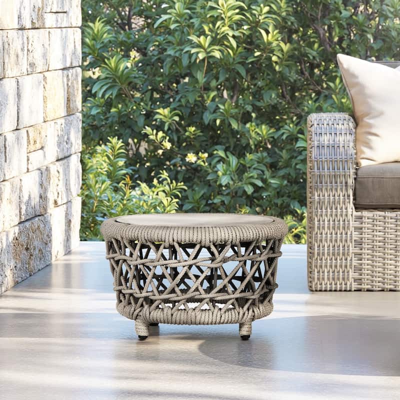Everly 21.5" Outdoor Patio Round Coffee Table, Tempered Glass Table Top - 21.5"W X 21.5"D X 13.5"H