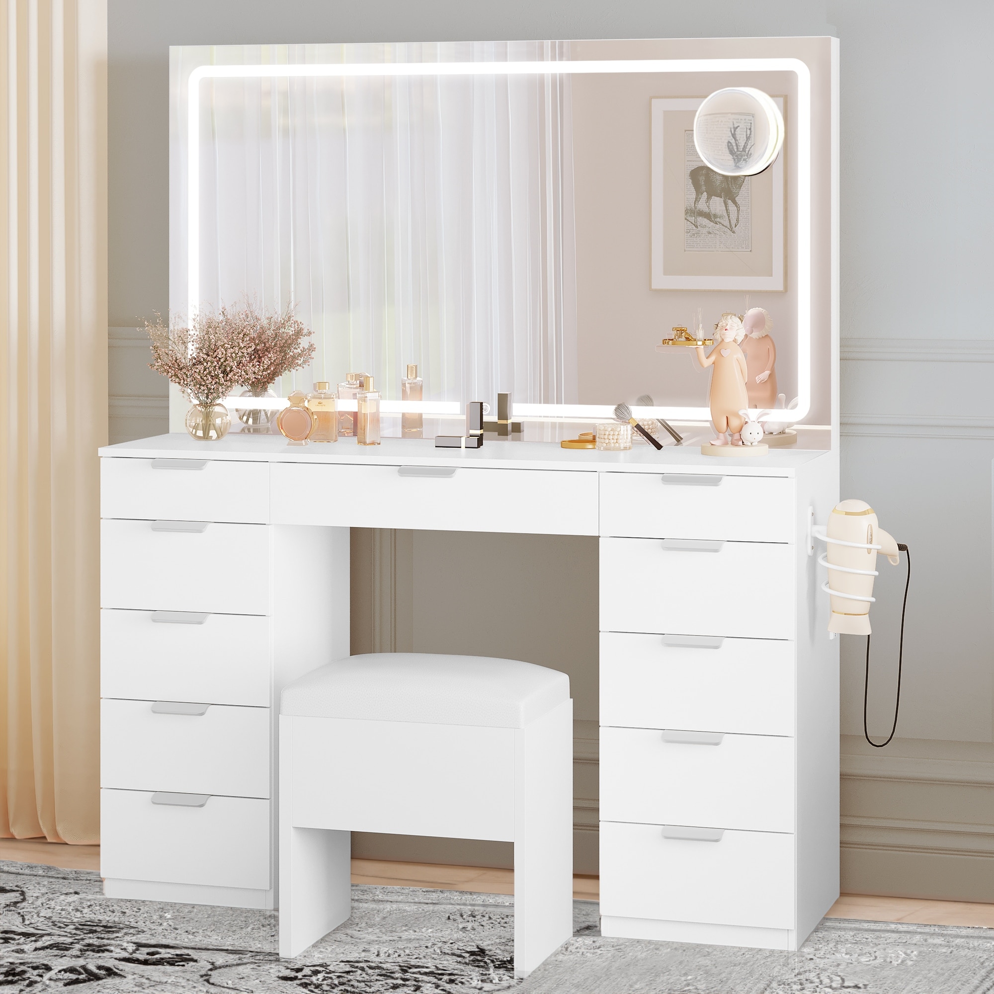 Moasis Makeup Vanity Table Set with Large LED Lighted Mirror and 11 Drawers 46 L 11.7 W 55.9 H Black