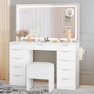 Moasis Makeup Vanity Table Set with Large LED Lighted Mirror and 11 Drawers - 46"L*11.7"W*55.9"H
