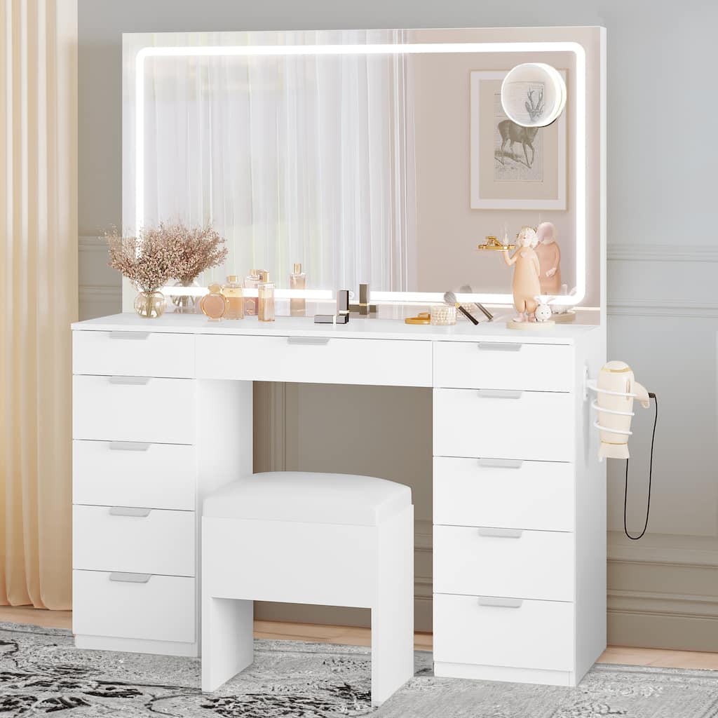 Moasis Makeup Vanity Table Set with Large LED Lighted Mirror and 11 Drawers - 46"L*11.7"W*55.9"H