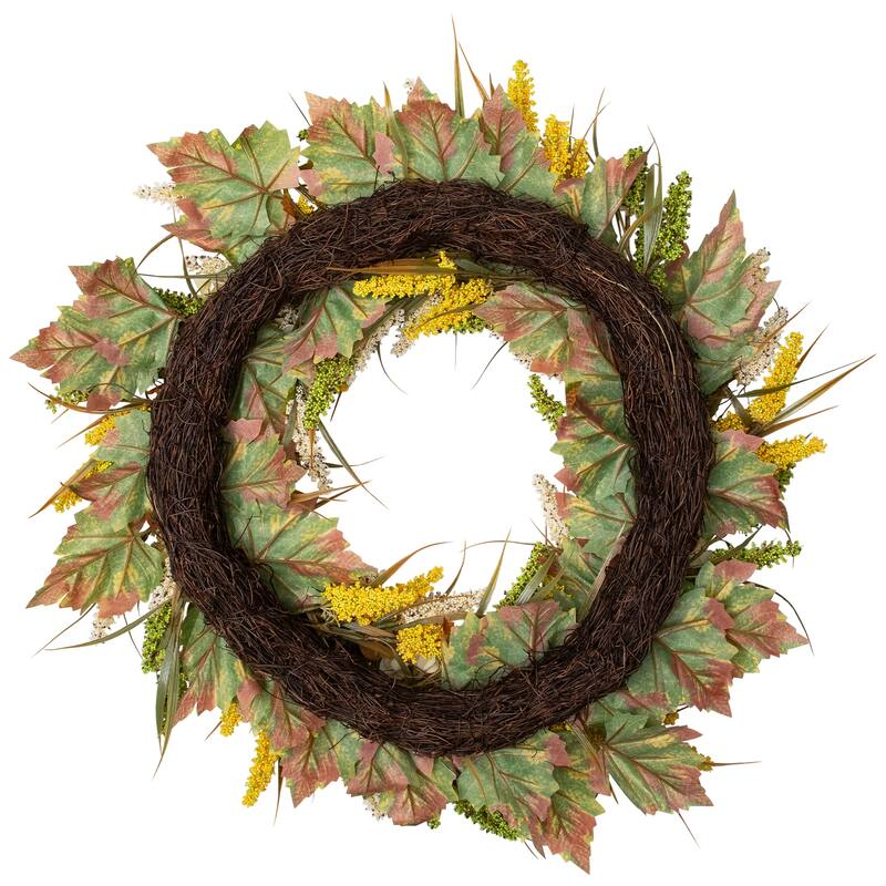 White Orange Hydrangea Artificial Fall Harvest Twig Wreath, 28", Unlit